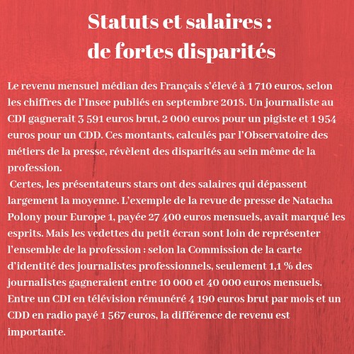 Le revenu mensuel médian des Français s’élevé à 1 710 euros, selon les chiffres de l’Insee publiés en septembre 2018. Un journaliste au CDI gagnerait 3 591 euros brut, 2 000 euros pour un pigiste et 1 954 euros pour